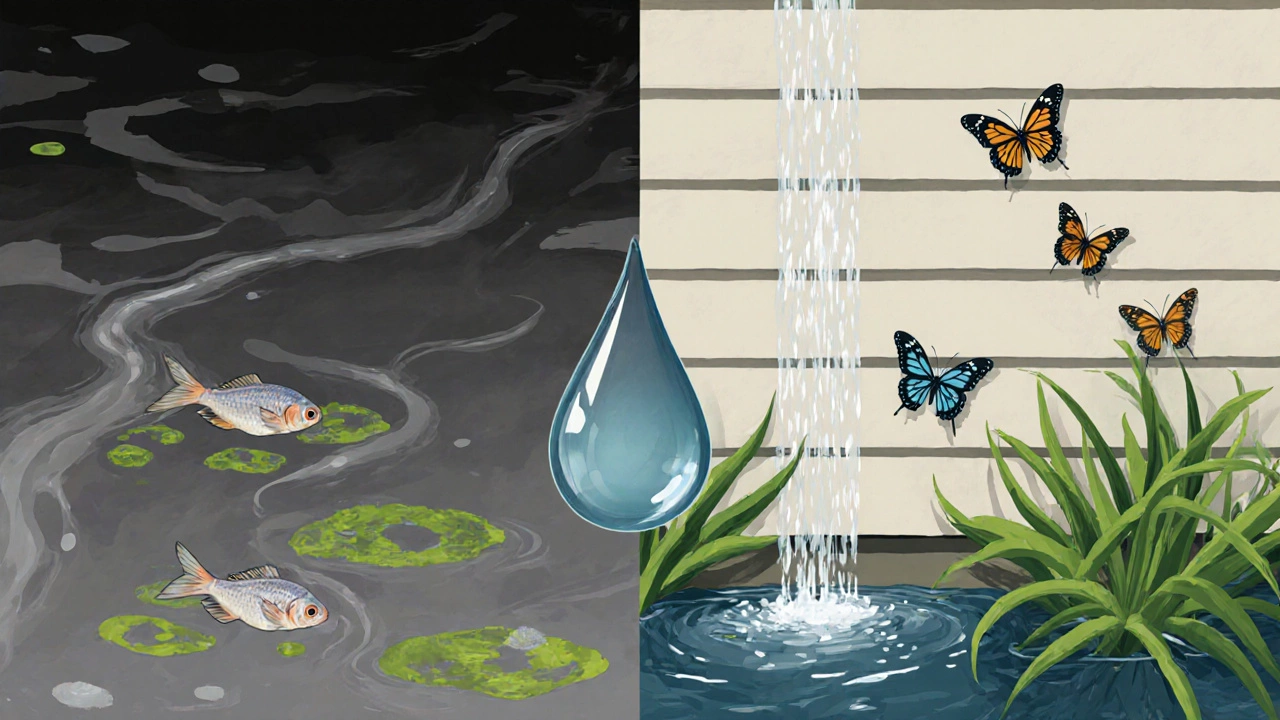 Split image: toxic runoff killing nature vs. gentle cleaning protecting plants and waterways.