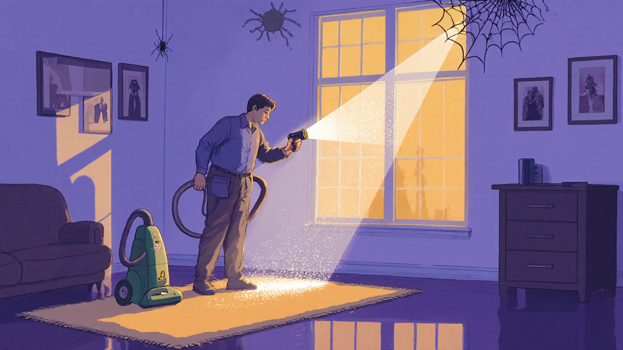 Tenant using a flashlight to check for dust on skirting boards and window sills in a living room.