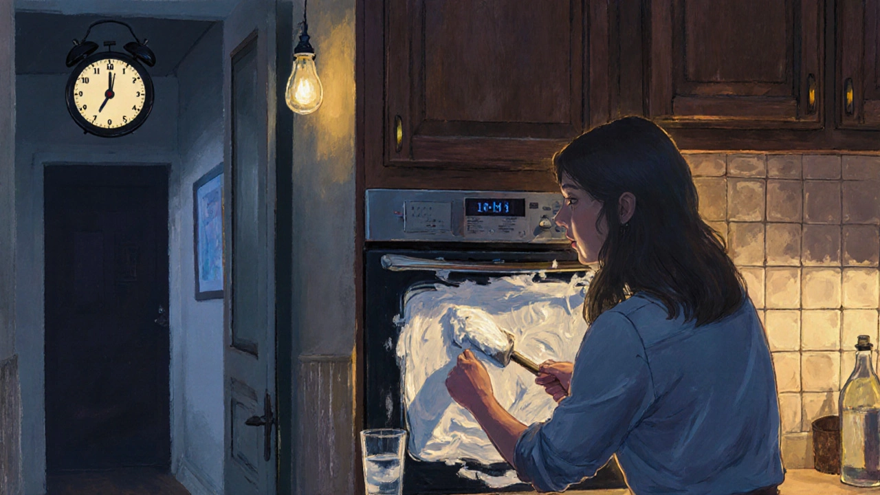 Woman applying baking soda paste to oven walls at night.