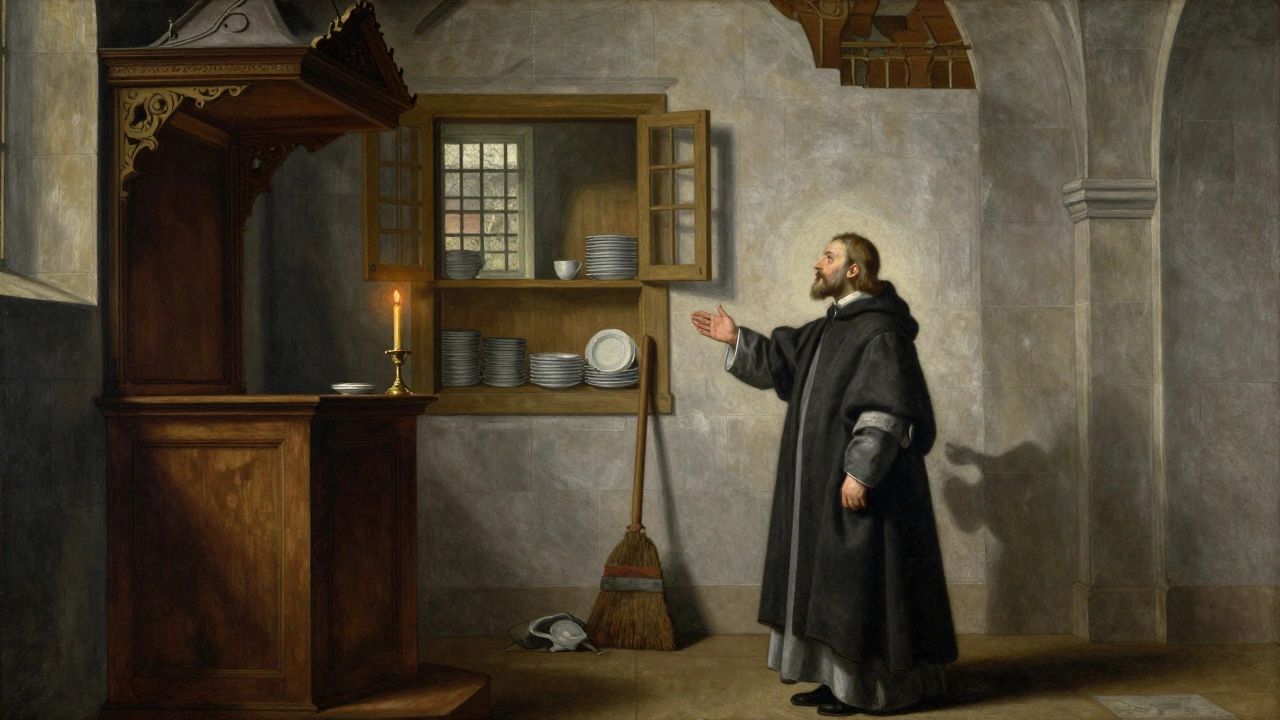 A 18th-century chapel mural showing a tidy home, blending spiritual purity with domestic cleanliness.