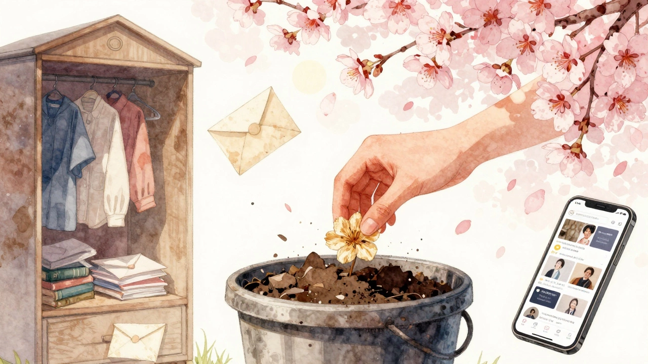 A hand releases a dried flower into a compost bin while cluttered memories fade into blooming blossoms.