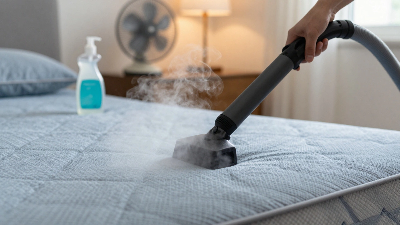 A person lightly steaming a dry mattress with a handheld cleaner, fan blowing nearby for drying.