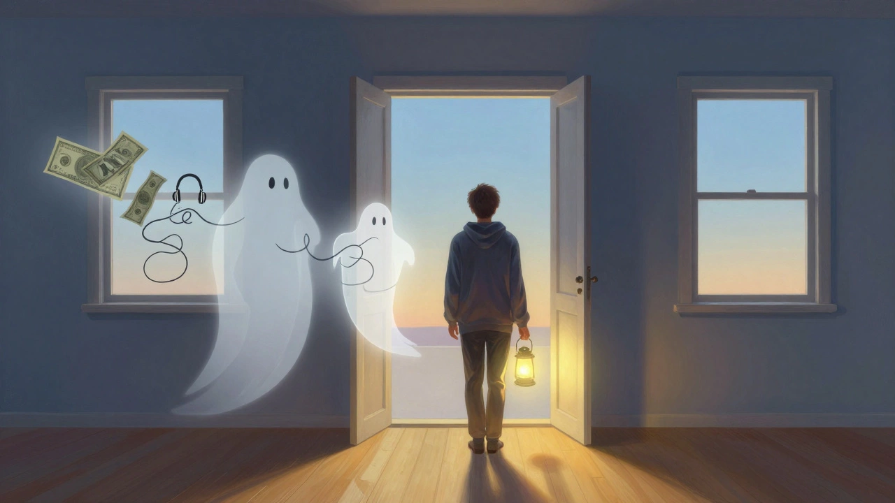 A person steps forward from darkness into light, leaving behind ghostly symbols of stress and clutter.