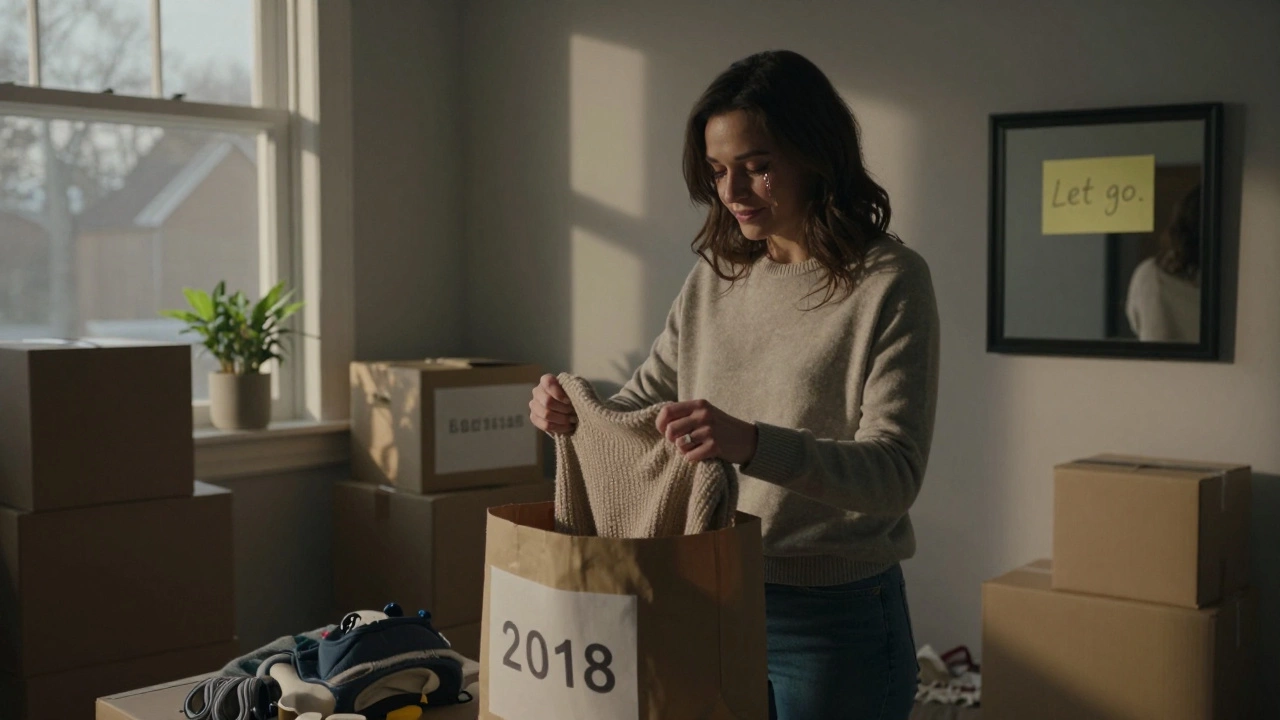 A woman letting go of an old sweater in her bedroom, sunlight highlighting the quiet act of release.