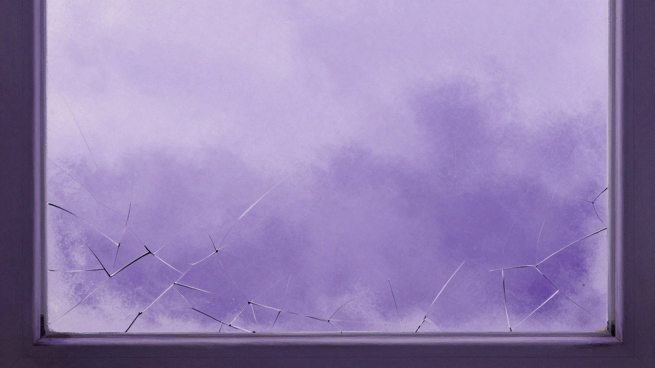 Ammonia-damaged window coating peeling away in purple haze.