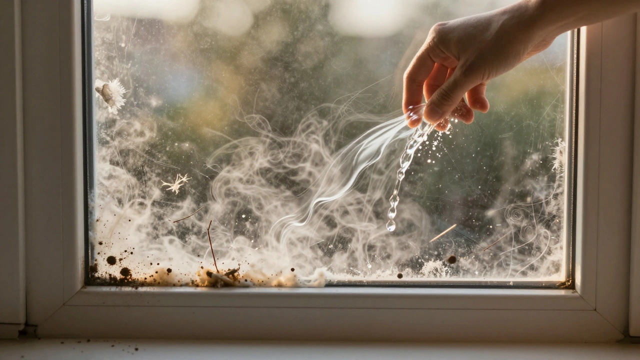 Artistic depiction of dirt and residue dissolving from a window into mist under morning light.