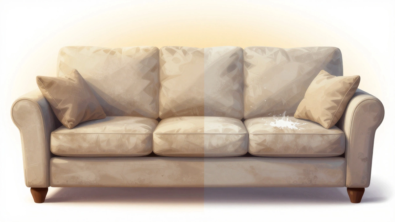 Before and after view of a restored couch with fresh cushions and clean fabric