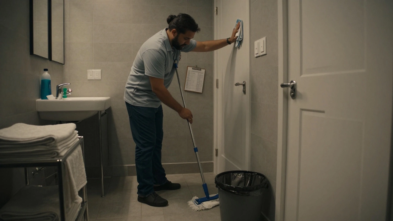 Cleaner mopping floor and wiping door handles during a thorough bathroom clean.