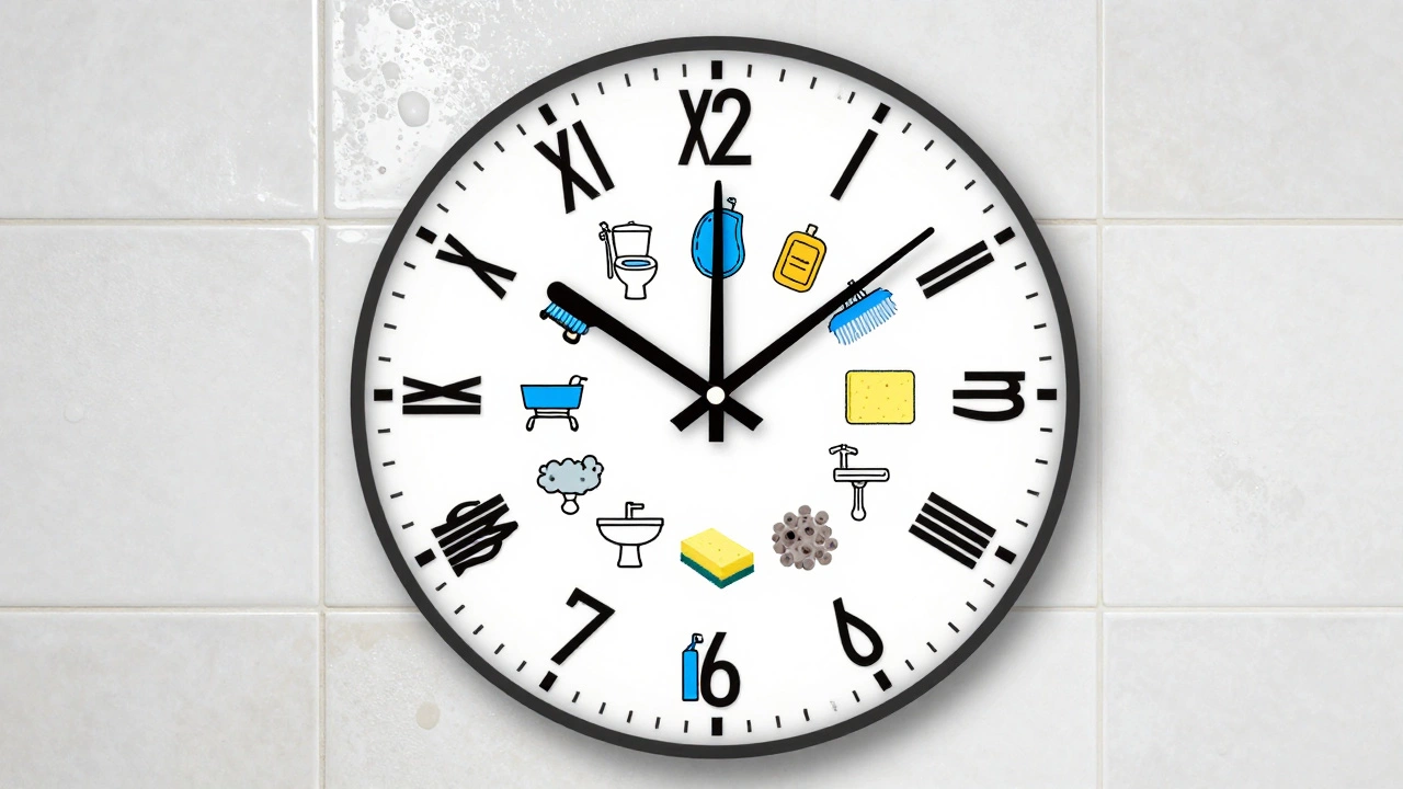 Clock face showing time segments for each step of a professional bathroom deep clean.