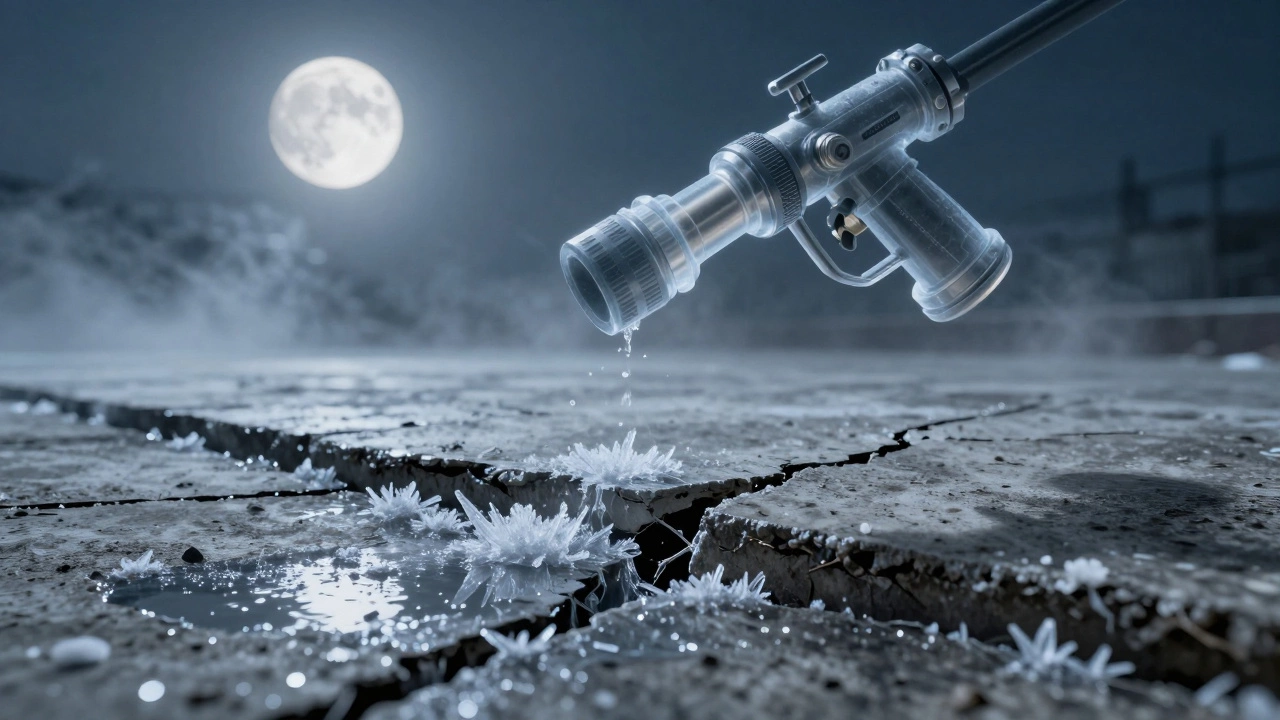 Cracked concrete with freezing water seeping in under moonlight, symbolizing hidden damage from high-pressure washing.