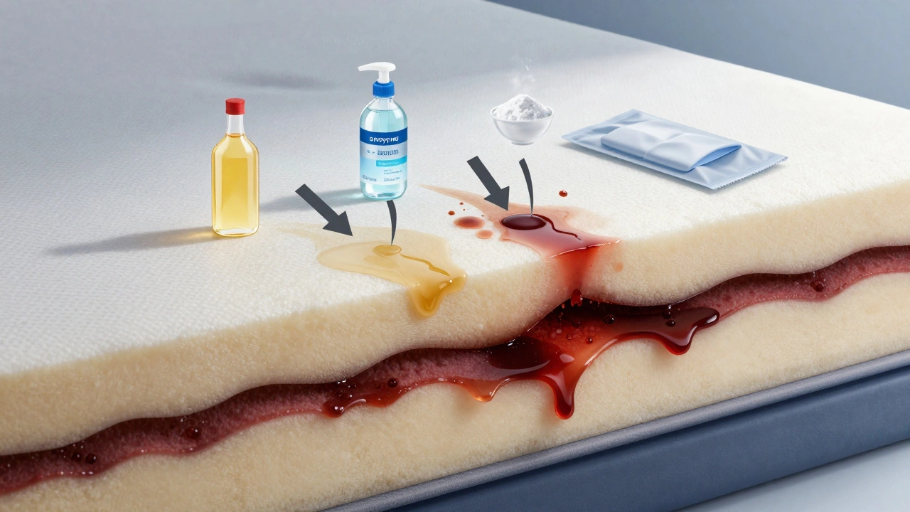 Cross-section of mattress showing deep stains and cleaning agents breaking them down.