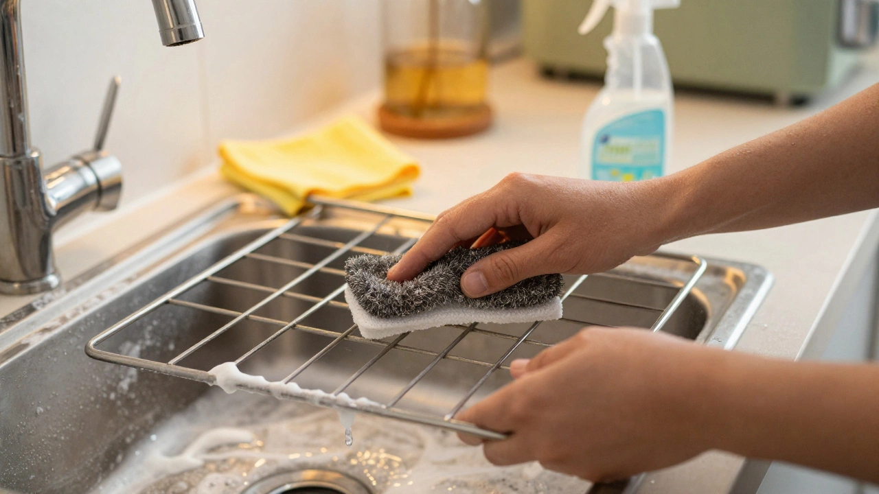 Hands scrubbing oven racks with soap and steel wool, baking soda paste visible on door