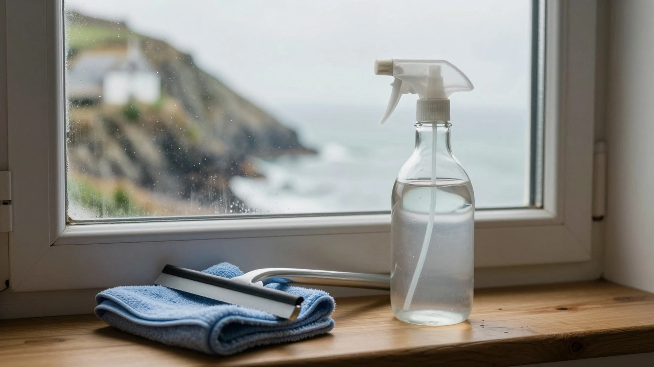 Homemade vinegar and distilled water cleaner on a windowsill with squeegee and cloth.