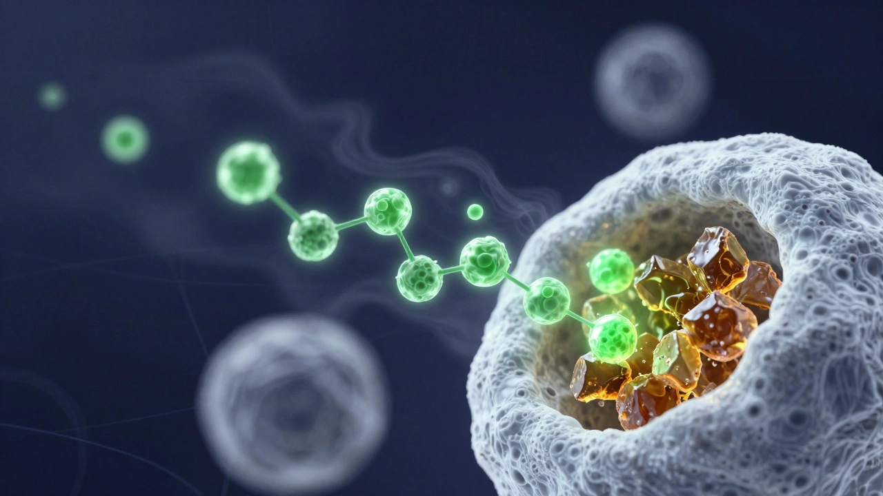 Microscopic view of enzymes breaking down urine molecules into harmless components within mattress foam.