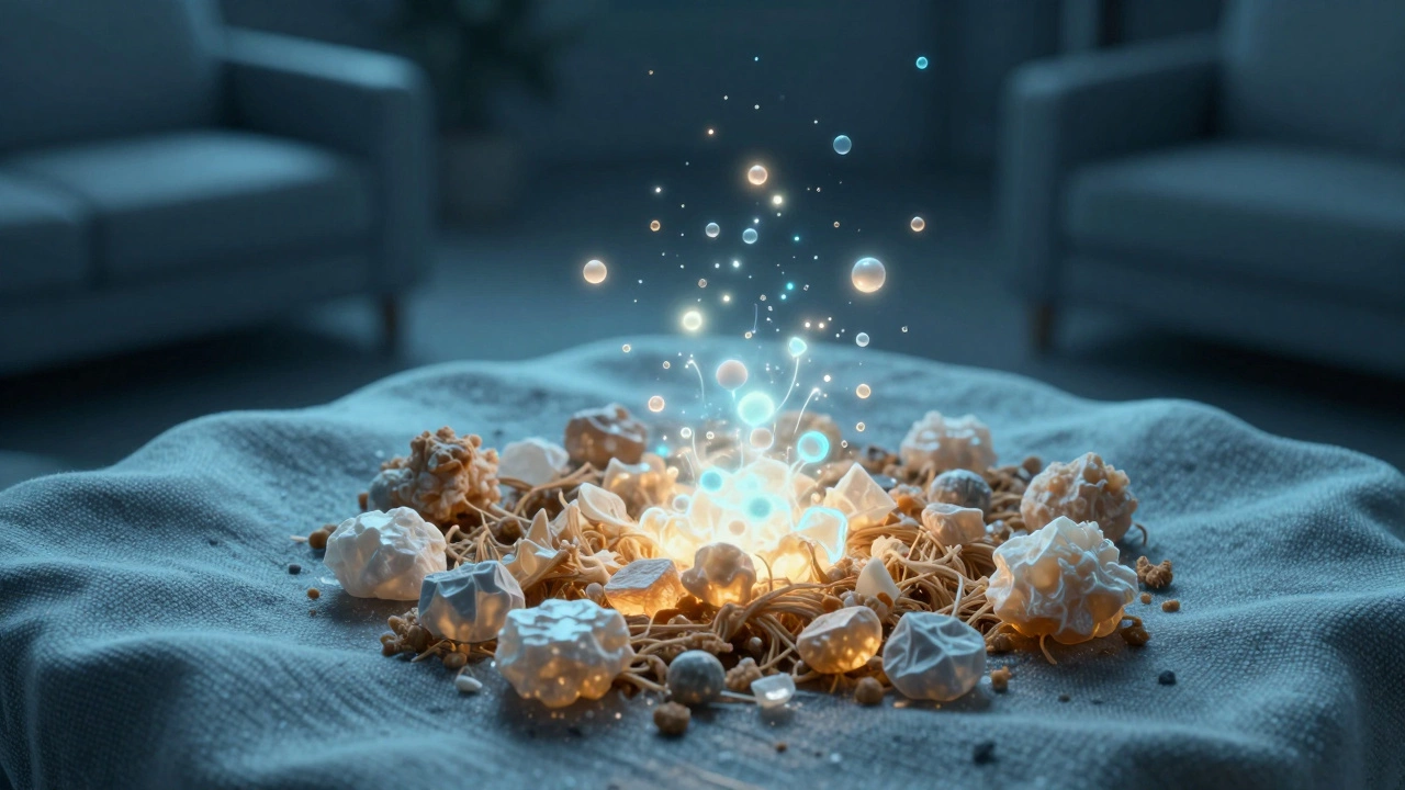 Molecular view of enzymes breaking down pet urine odors in fabric fibers.