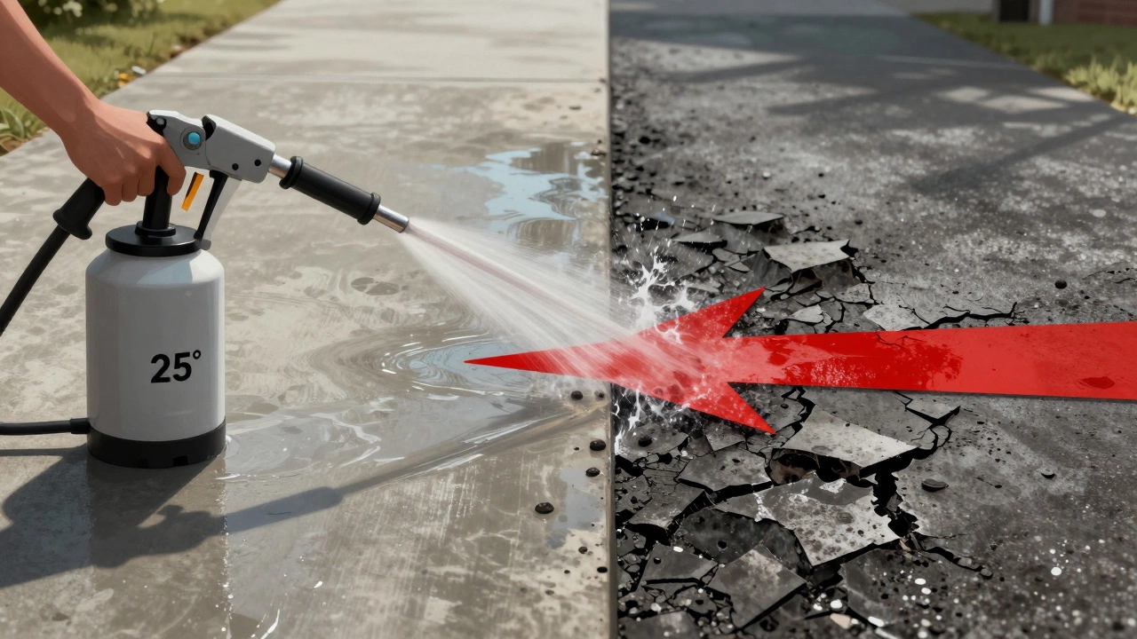 Side-by-side comparison: safely cleaned concrete vs. damaged concrete from overpowered pressure washing.