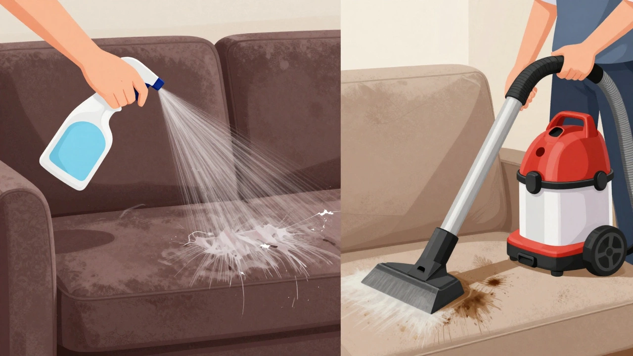 Side-by-side: damaged velvet sofa vs. professional steam cleaning upholstery.