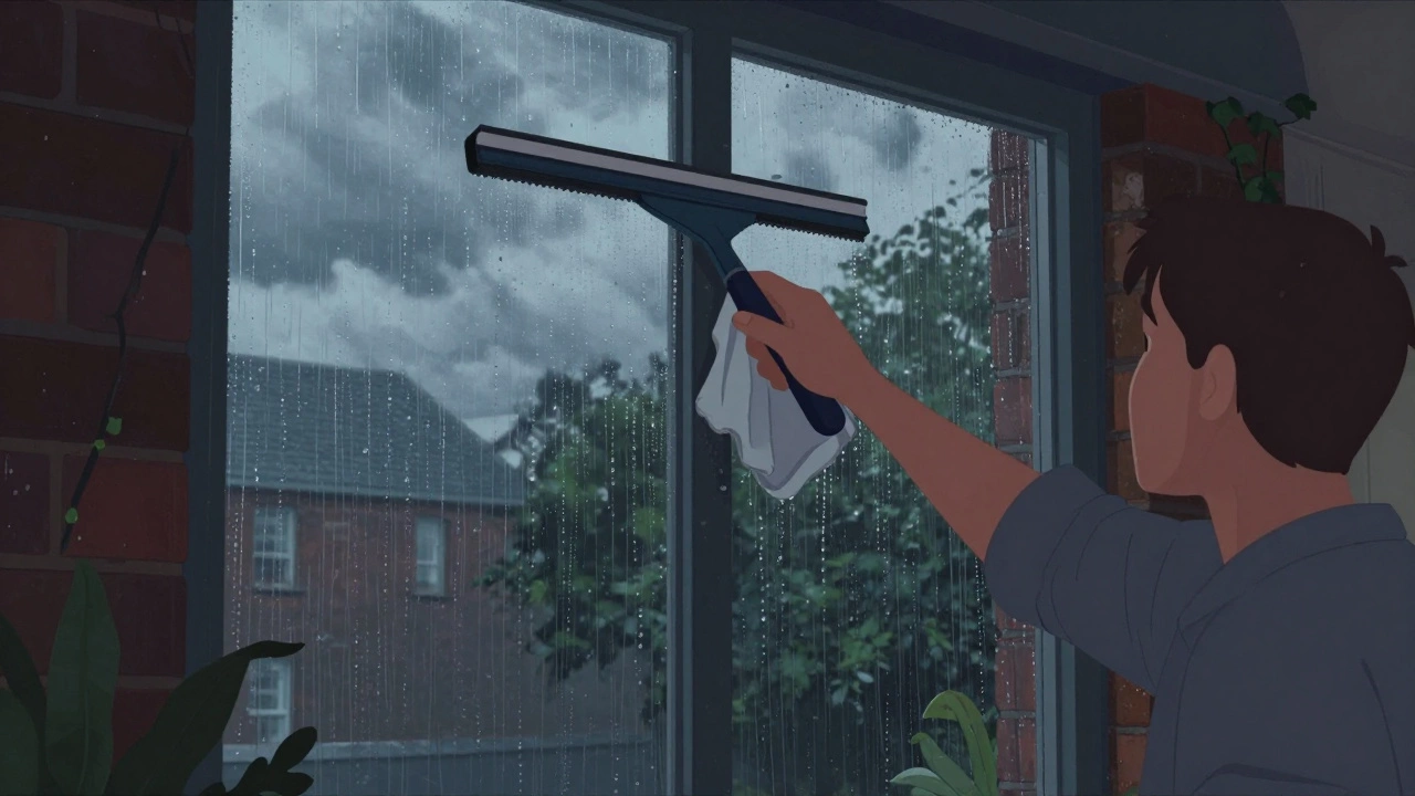 Someone using a squeegee on a window during a cloudy Bristol afternoon, droplets trailing cleanly down the glass.