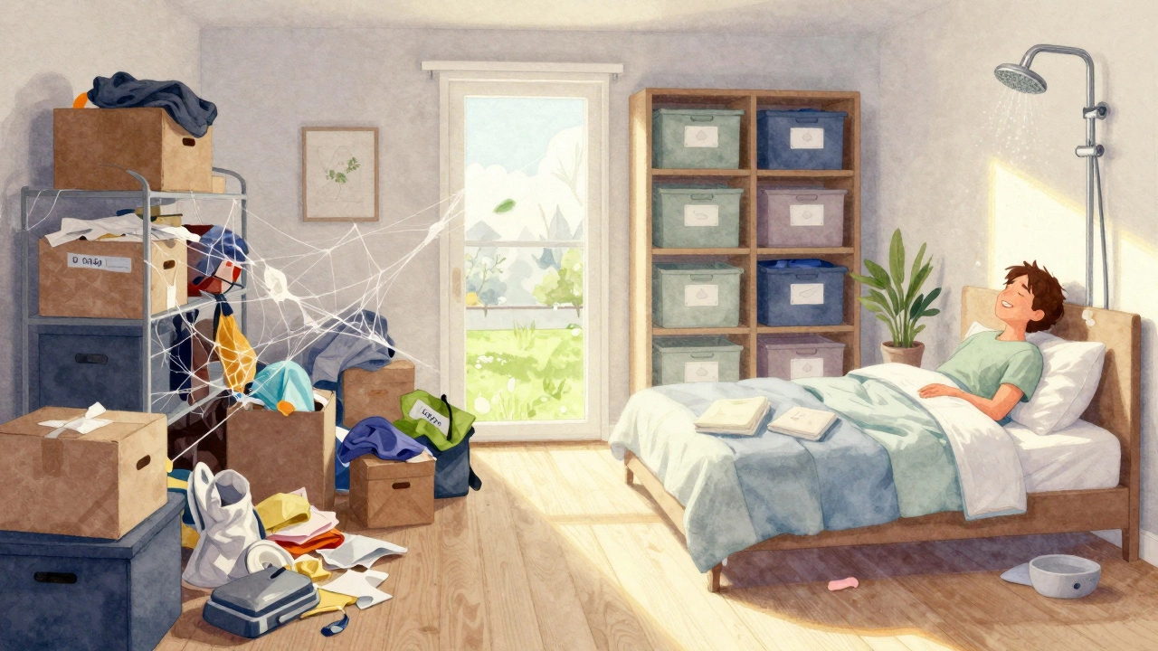 Split image: cluttered home vs. clean, organized space after spring cleaning, symbolizing renewal and calm.