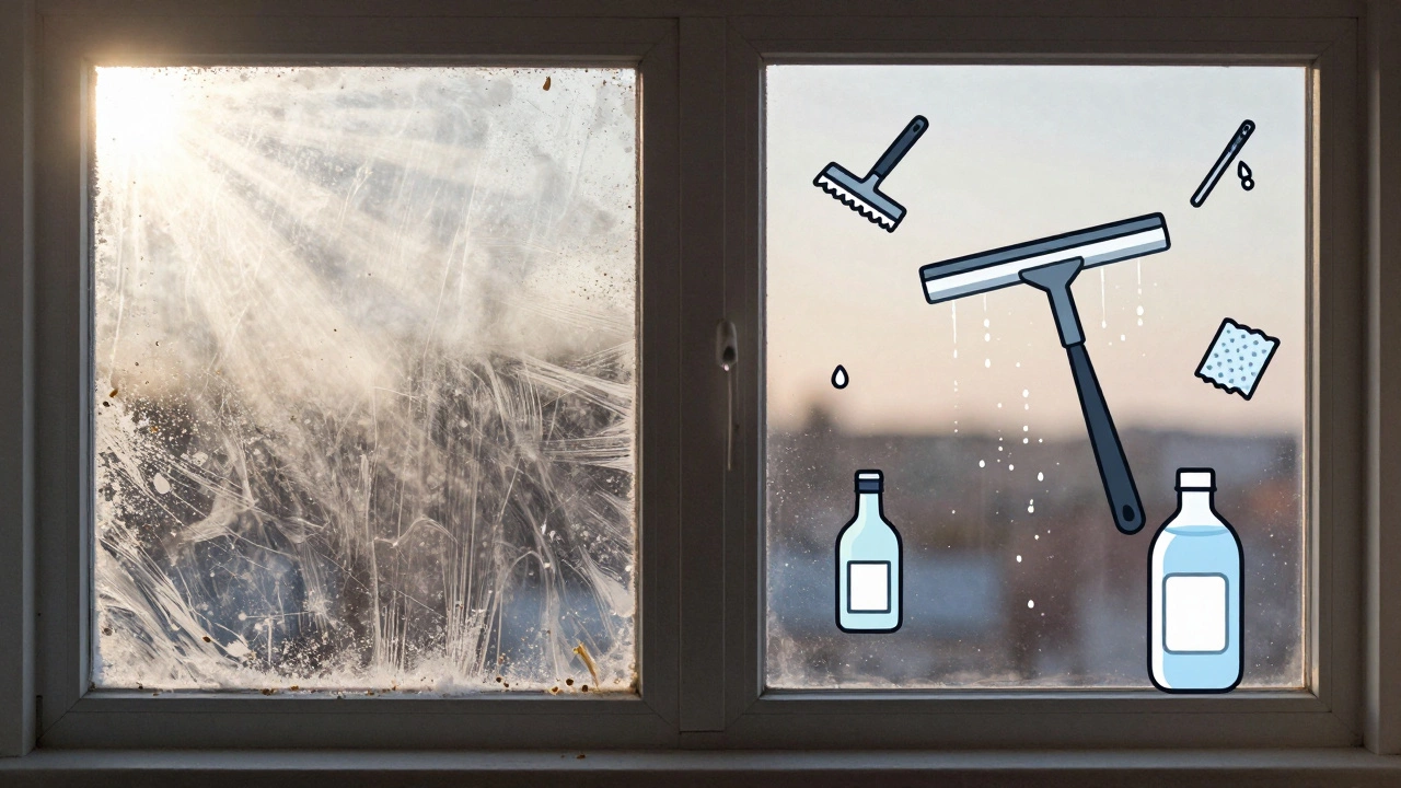 Split image: dirty window vs. sparkling clean window after professional cleaning method.