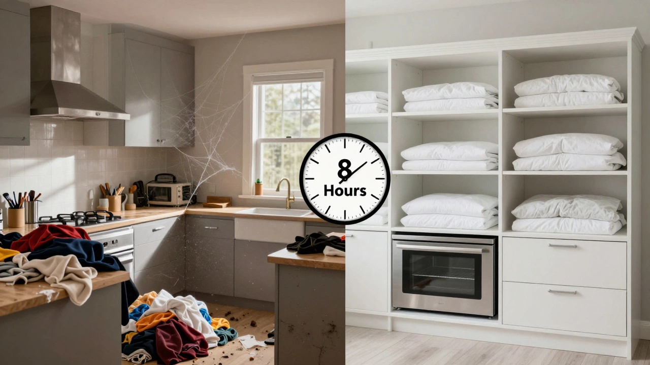 Split image showing a messy home transforming into a spotless one after eight hours of cleaning.