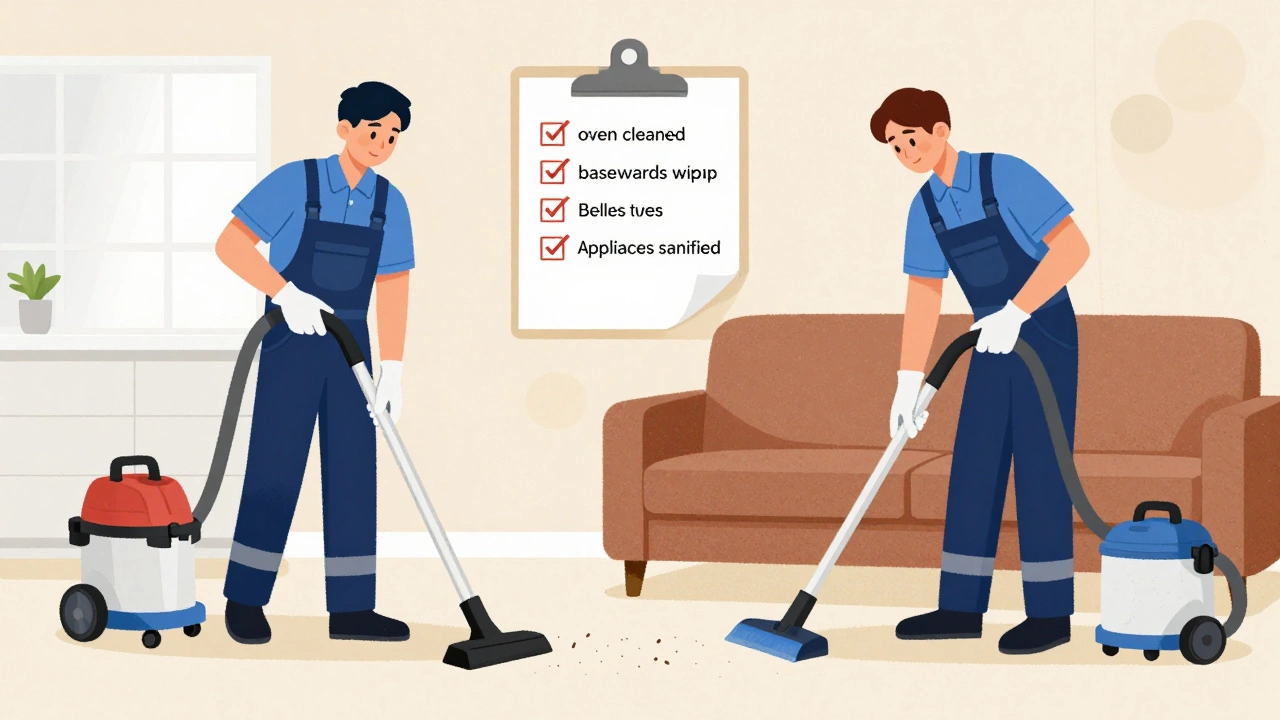 Two professional cleaners using steam cleaner and HEPA vacuum in a home deep cleaning session.