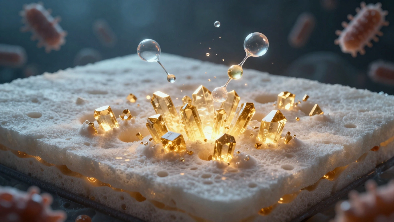 Uric acid crystals in mattress foam being neutralized by vinegar molecules.