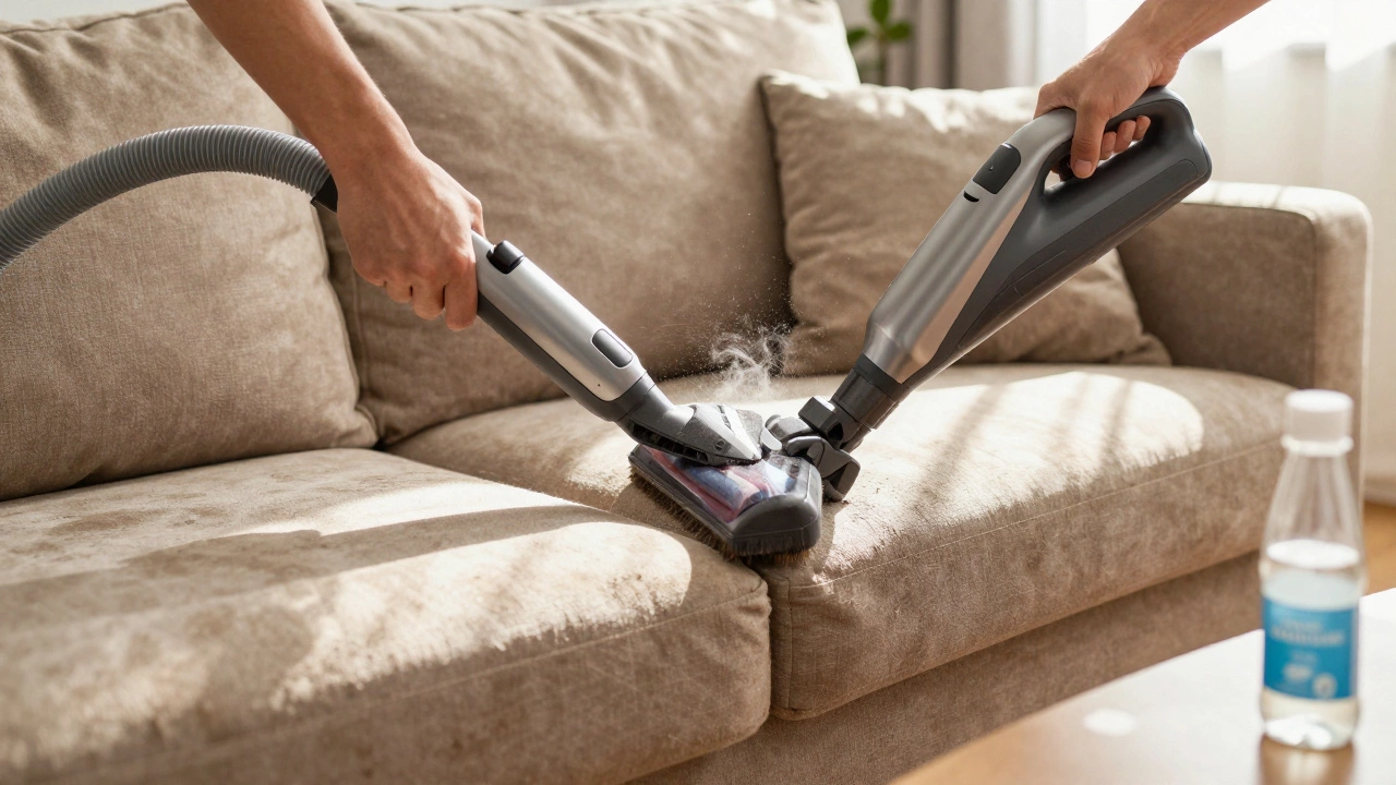 Vacuuming deep into sofa seams to remove dust and pet hair