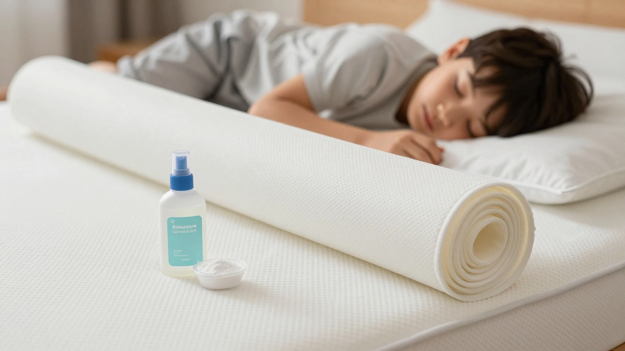 Waterproof mattress protector being placed over a clean bed with enzyme cleaner nearby.