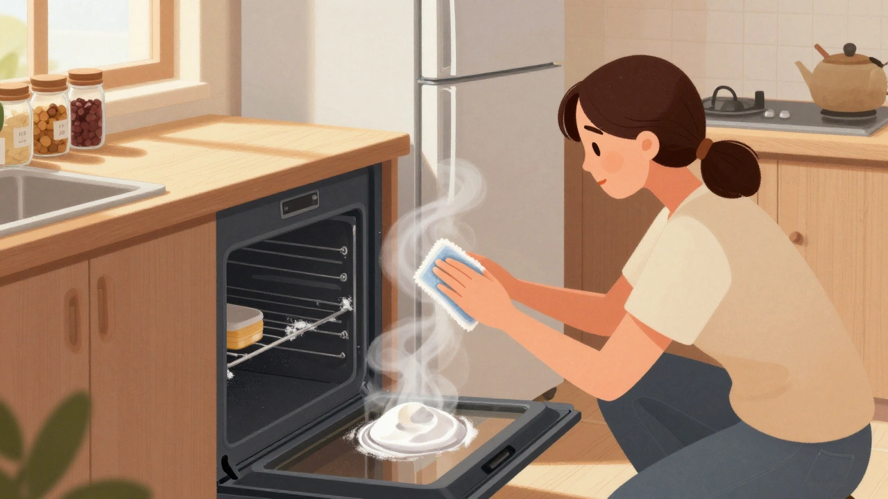 Woman cleaning an oven with baking soda paste in a bright kitchen, fridge pulled out and spices neatly labeled.