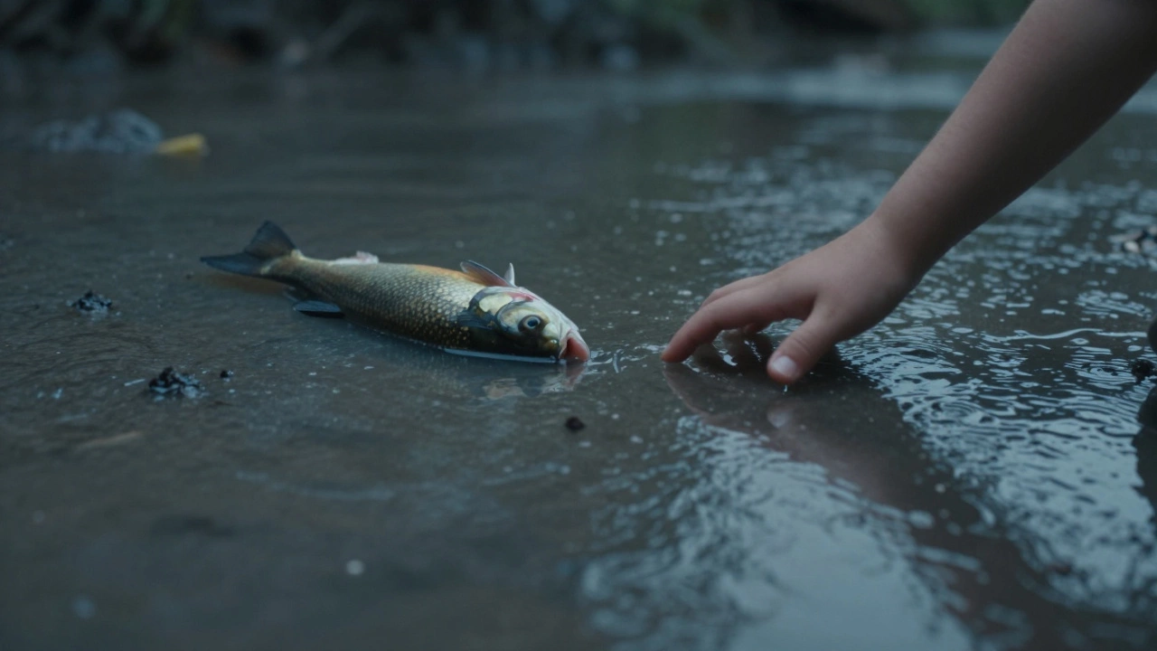 A child's hand reaches toward a floor reflecting a polluted river with a floating fish.
