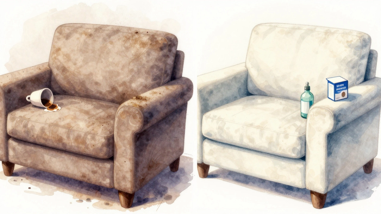 Before-and-after view of a stained sofa transformed to clean fabric with cleaning supplies nearby.