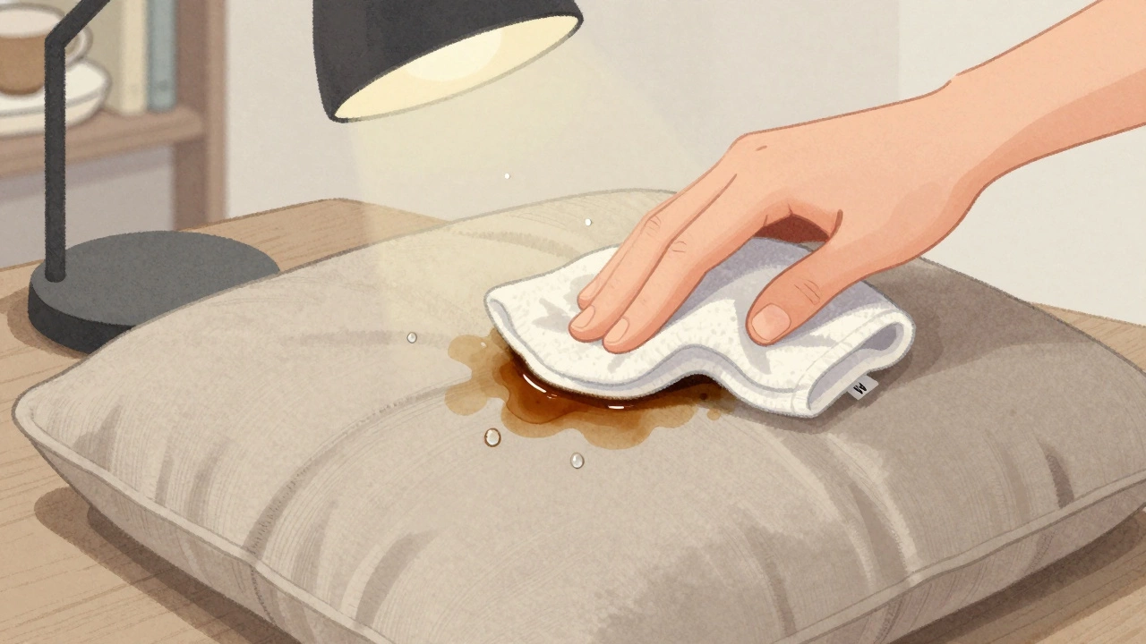 Hand blotting a coffee stain on a couch with a damp cloth, fabric care tag visible.