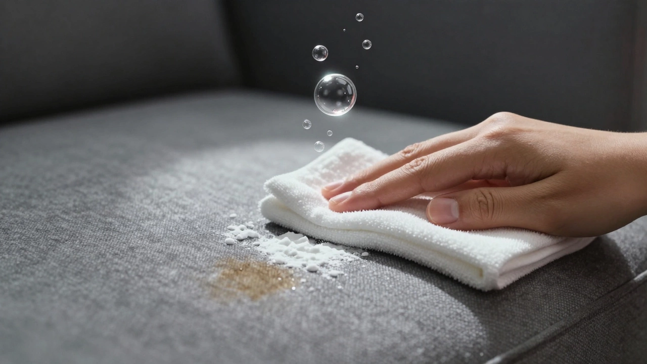 Hand blotting a stain on upholstery with glowing bubbles rising from the fabric, symbolizing odor removal.