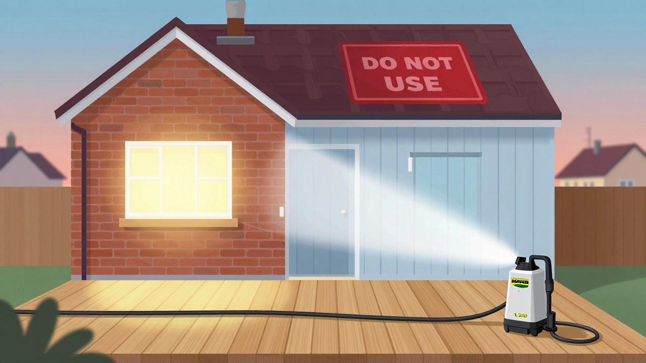 House surface zones showing safe pressure levels for brick, vinyl, wood, and red prohibition over roof.