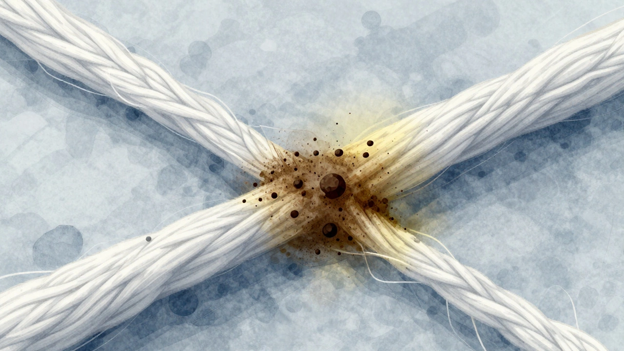 Magnified view of fabric fibers with detergent residue attracting dirt particles.