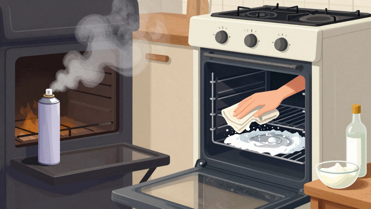Side-by-side: a dirty oven with toxic fumes versus a clean oven being wiped with natural paste.