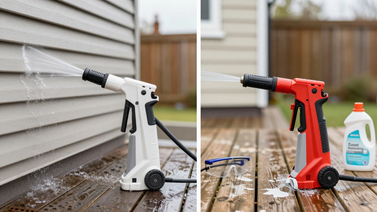 Side-by-side pressure washer nozzles in use: gentle 40° on siding, unused 0° nozzle beside, on wooden deck.