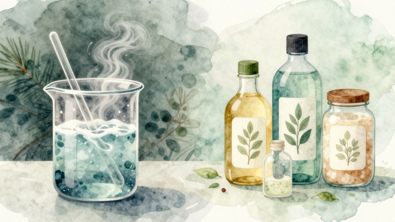 Split illustration comparing chemical cleaners with natural alternatives like vinegar and castile soap.