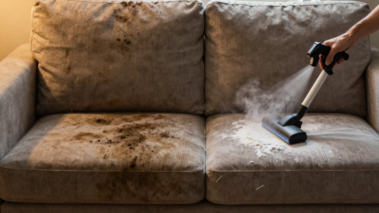 Split image of a dirty couch versus a freshly cleaned one with baking soda and spray.