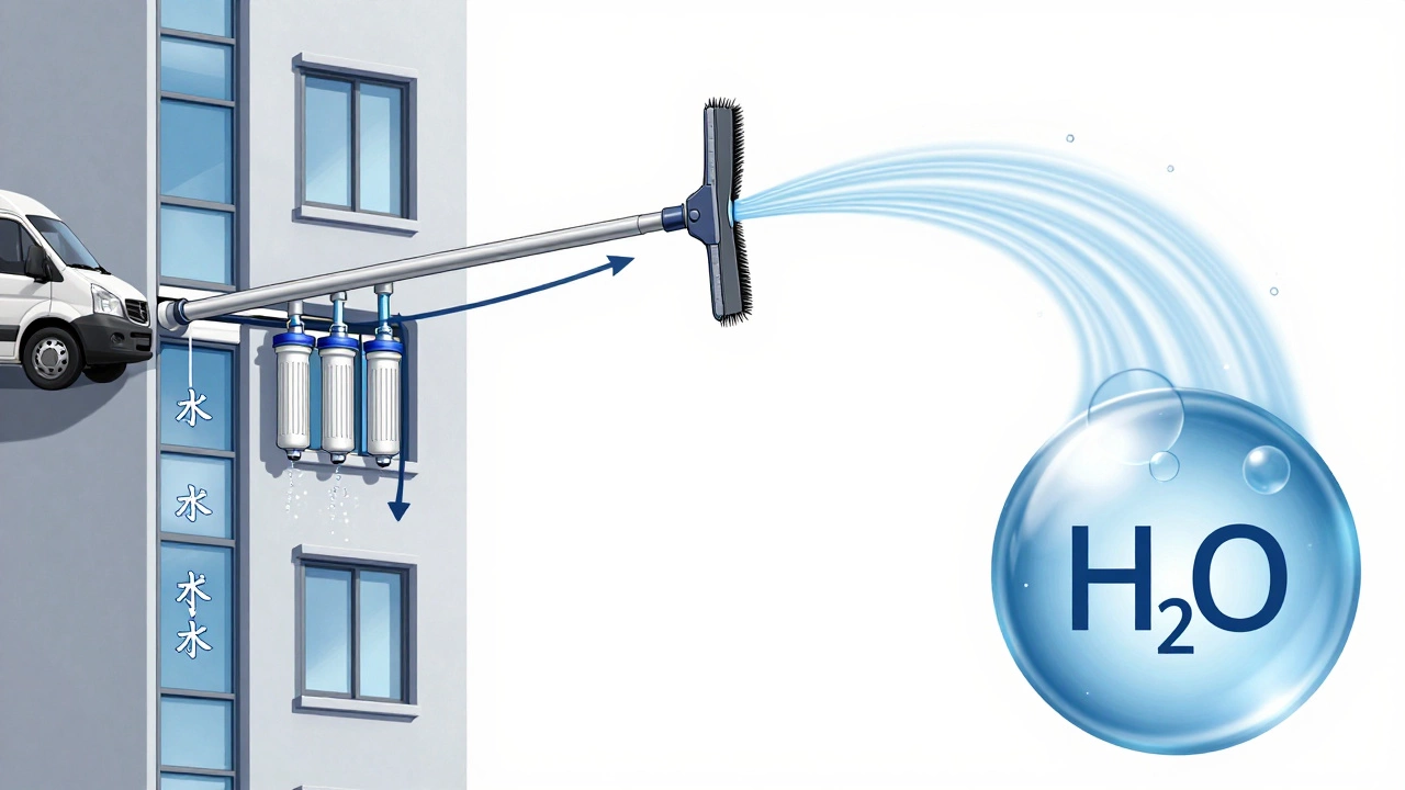 Technical diagram showing purified water flowing through a pole system to clean a window from the ground.