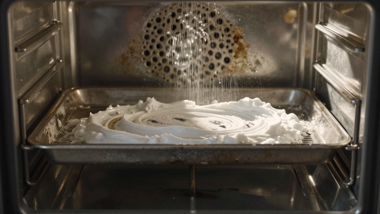 Time-lapse image showing an oven transforming from grimy to sparkling with baking soda and vinegar.