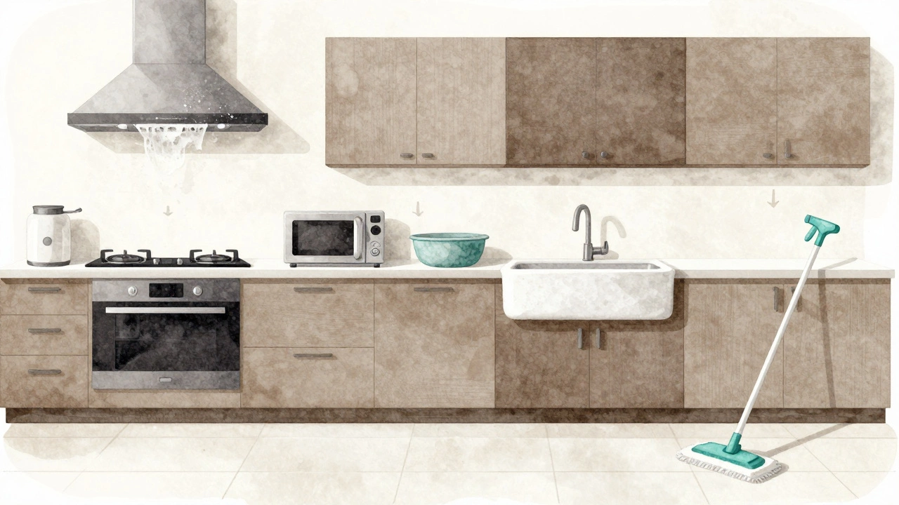 Vertical timeline showing kitchen cleaning steps from ceiling to floor with falling debris arrows.