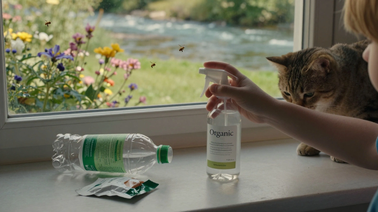A child reaching for an organic cleaner as a cat nearby, with a clean river and bees in the background, contrasting discarded plastic waste.