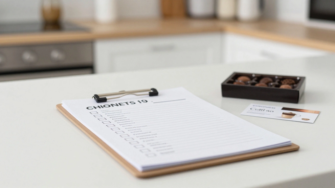 A cleaning checklist with chocolates and a gift card on a clean kitchen counter.