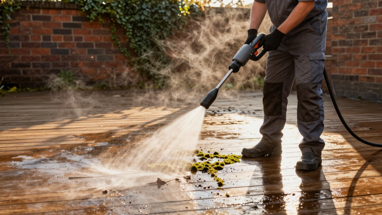 A professional using a power washer with steam rising from a wooden deck, removing moss and dirt.