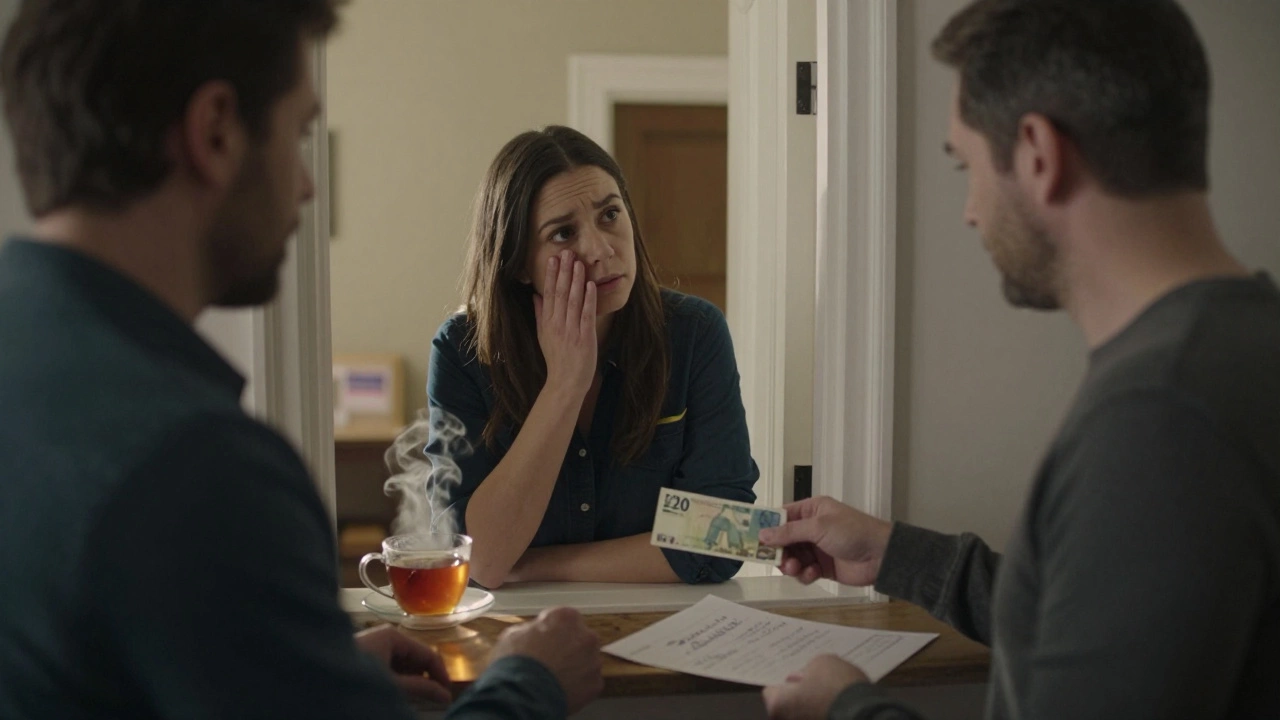 A tenant handing a tip and note to a cleaner at the front door of a flat.
