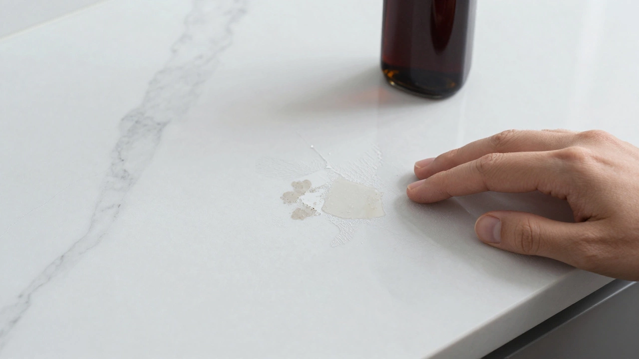 Marble countertop damaged by vinegar, hand touching etched area.