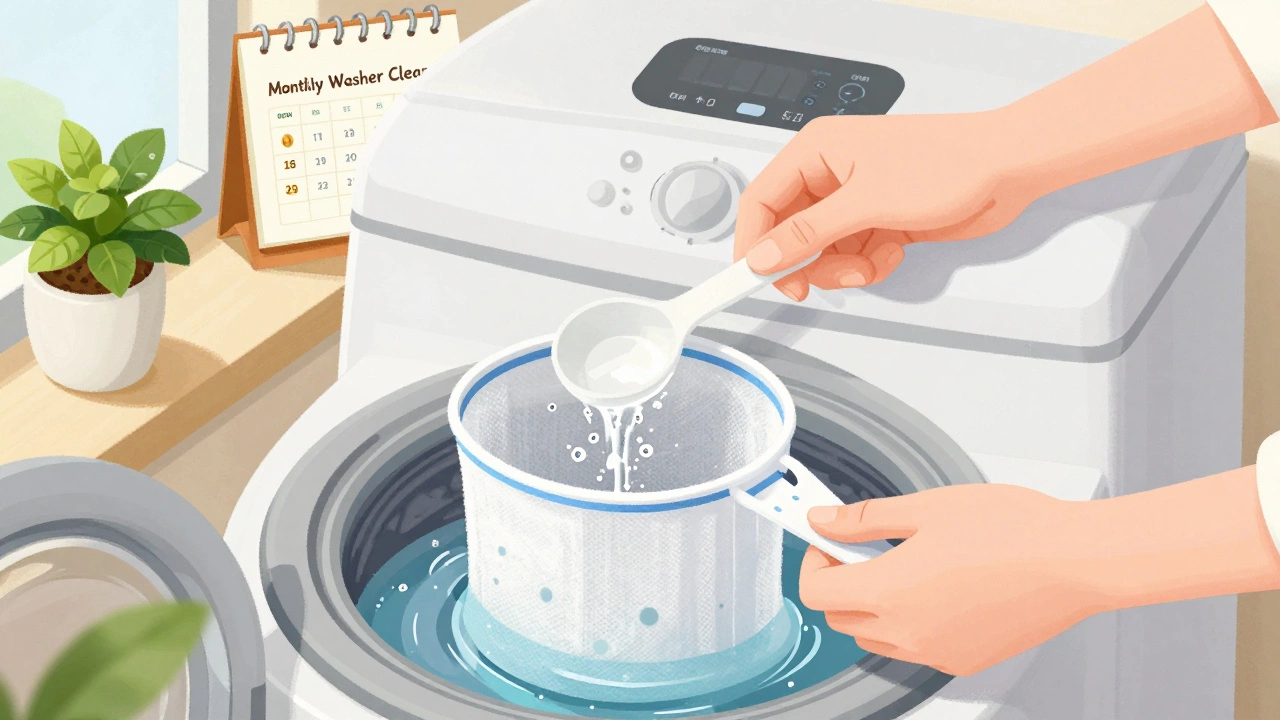 Person using half the recommended detergent amount with a microfiber filter catching plastic fibers.