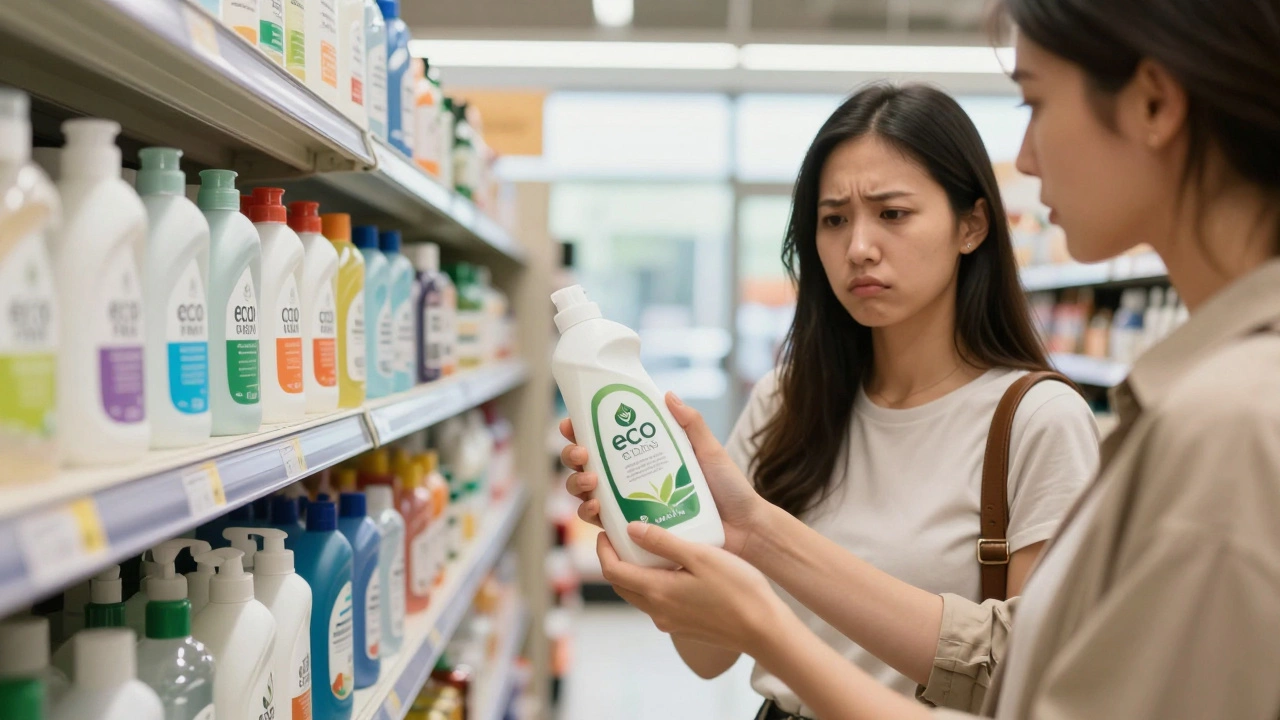 Shopper comparing eco and conventional cleaner prices in grocery store.